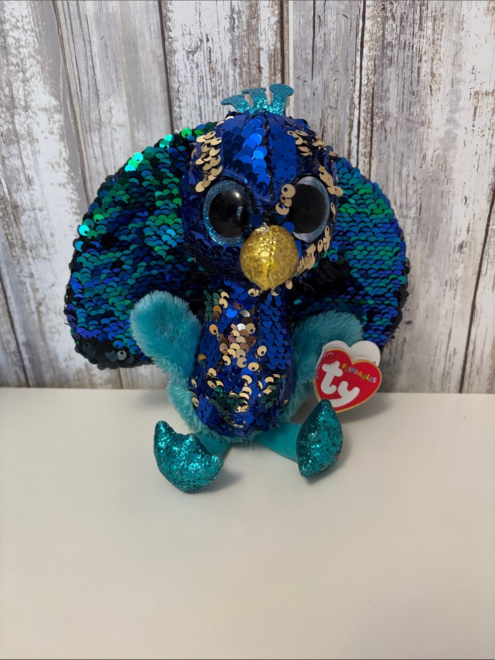 Ty FLIPPABLES Sequins Beanie Boos TYSON the Peacock Animal Toy
